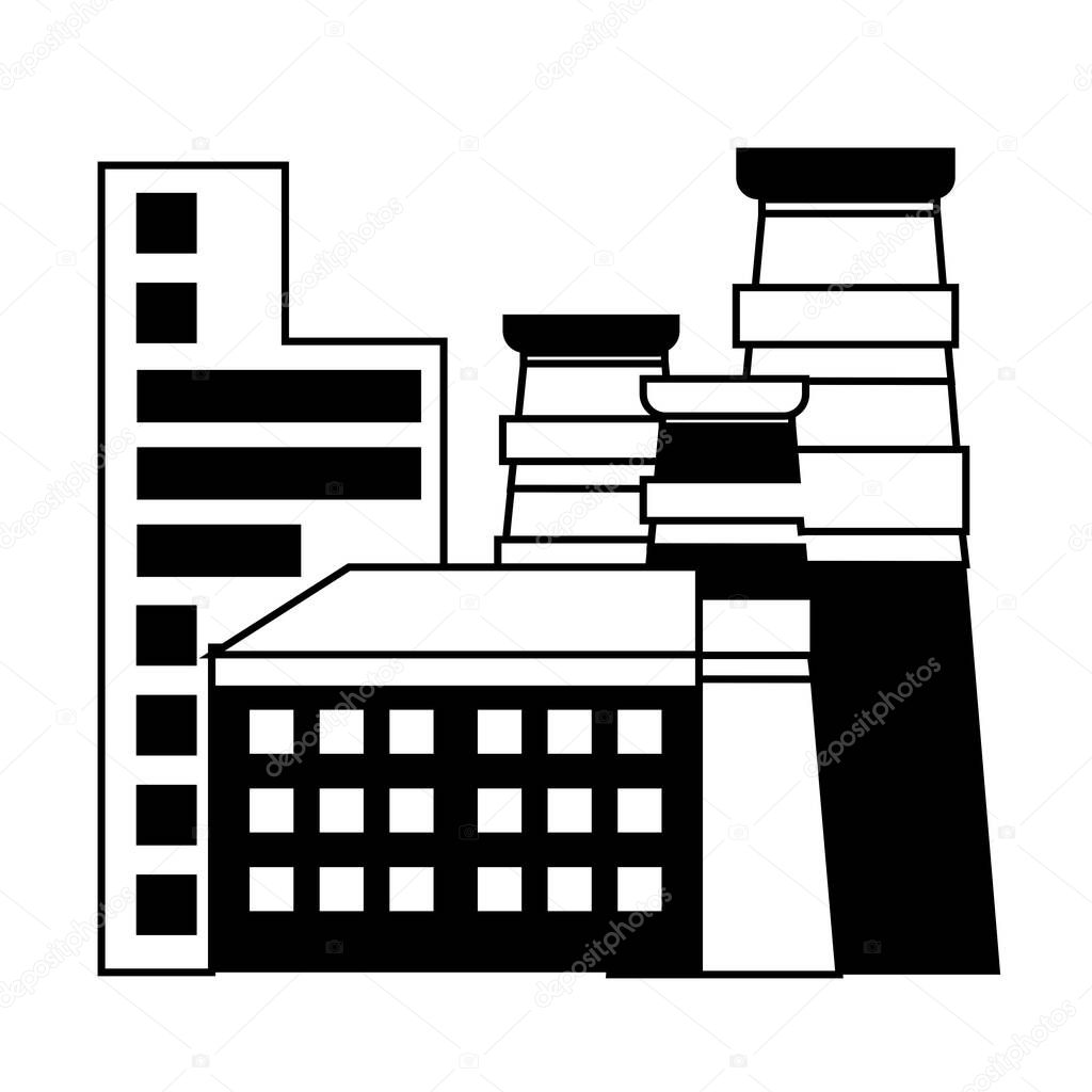 Vector factory icon in linear style, isolated on a white background.  The concept of industrial building. Industrial complex. A power plant with chimneys, pipes, and reservoirs.