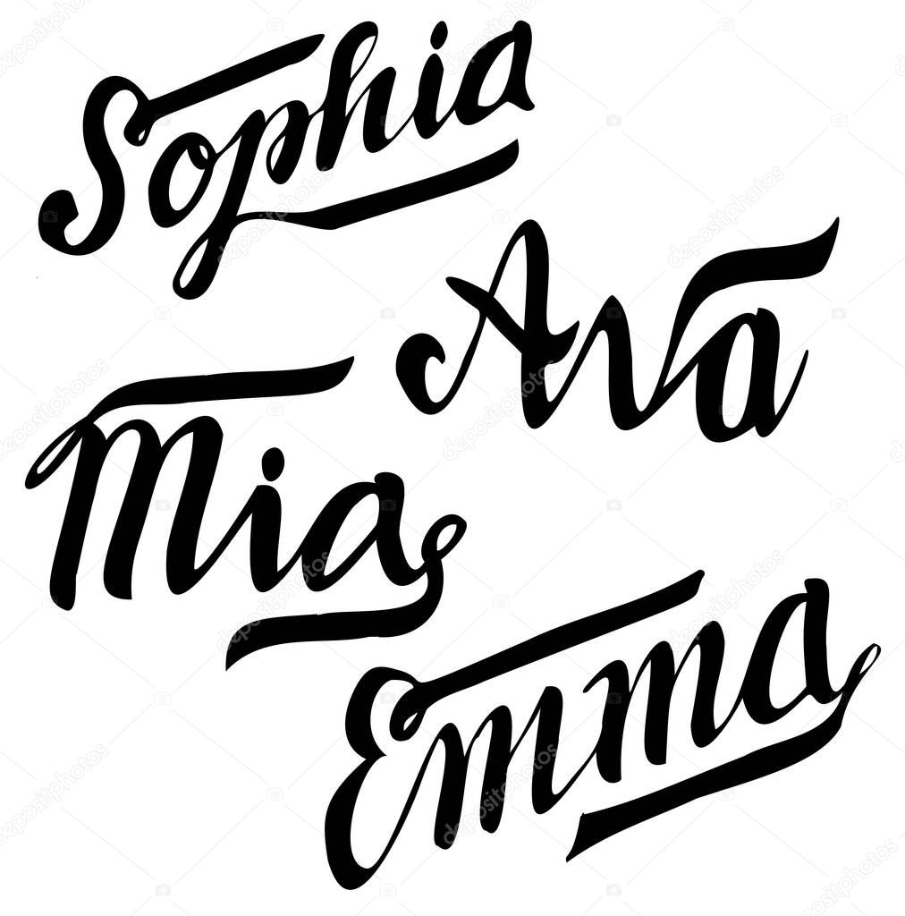 A set of female names are Sophia, Emma, Mia, Ava. Vector set of handwritten calligraphy. Collection of hand-made inscriptions. It can be used as a logo.