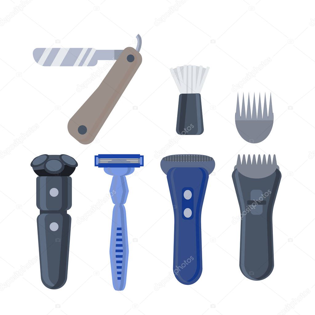 Set of razors and hair clippers. Electric and straight men's razors. The hair trimmer. Shaving accessories isolated on a white background. Vector illustration in flat style. Collection of icons.