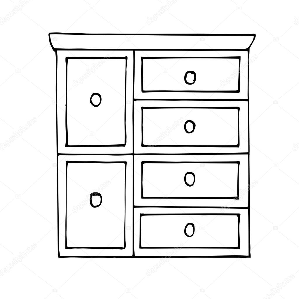 Vector drawing. Vector drawing. Modern chest of drawers with six drawers. Sketch stile. A linear pattern. Black and white doodles Isolated on a white background. Modern furniture for bedroom, study, living room.