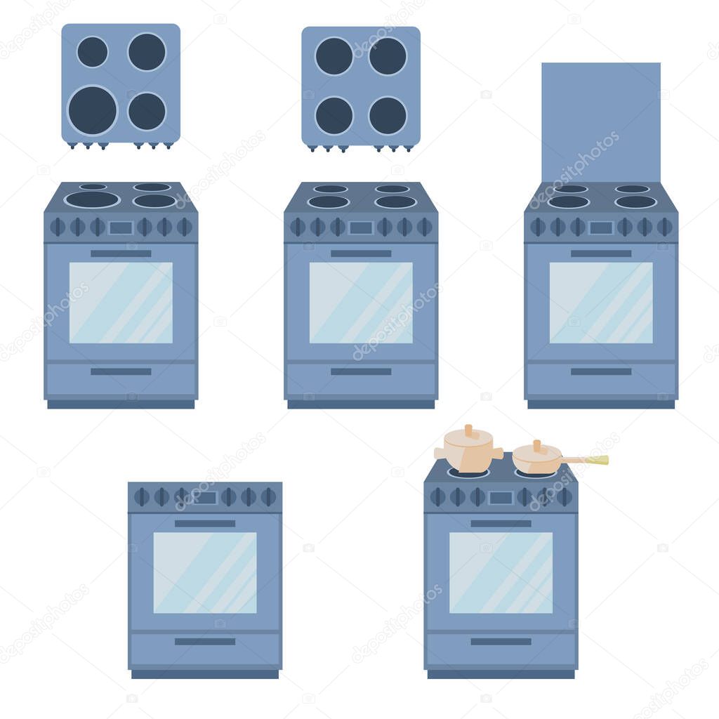 Set f electric cookers is isolated on a white background.Vector drawing in cartoon style. Different sizes of burners. The view from the top, front, isometric. The pot is on the stove. 