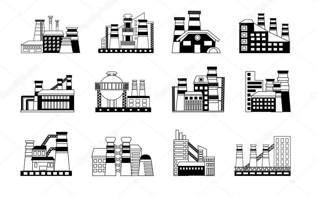 Set of infographics. Set of Industrial factories in line style isolated on a white background.  industrial buildings concept. Industrial complex. Power plants with chimneys, pipes and tanks. 12icons