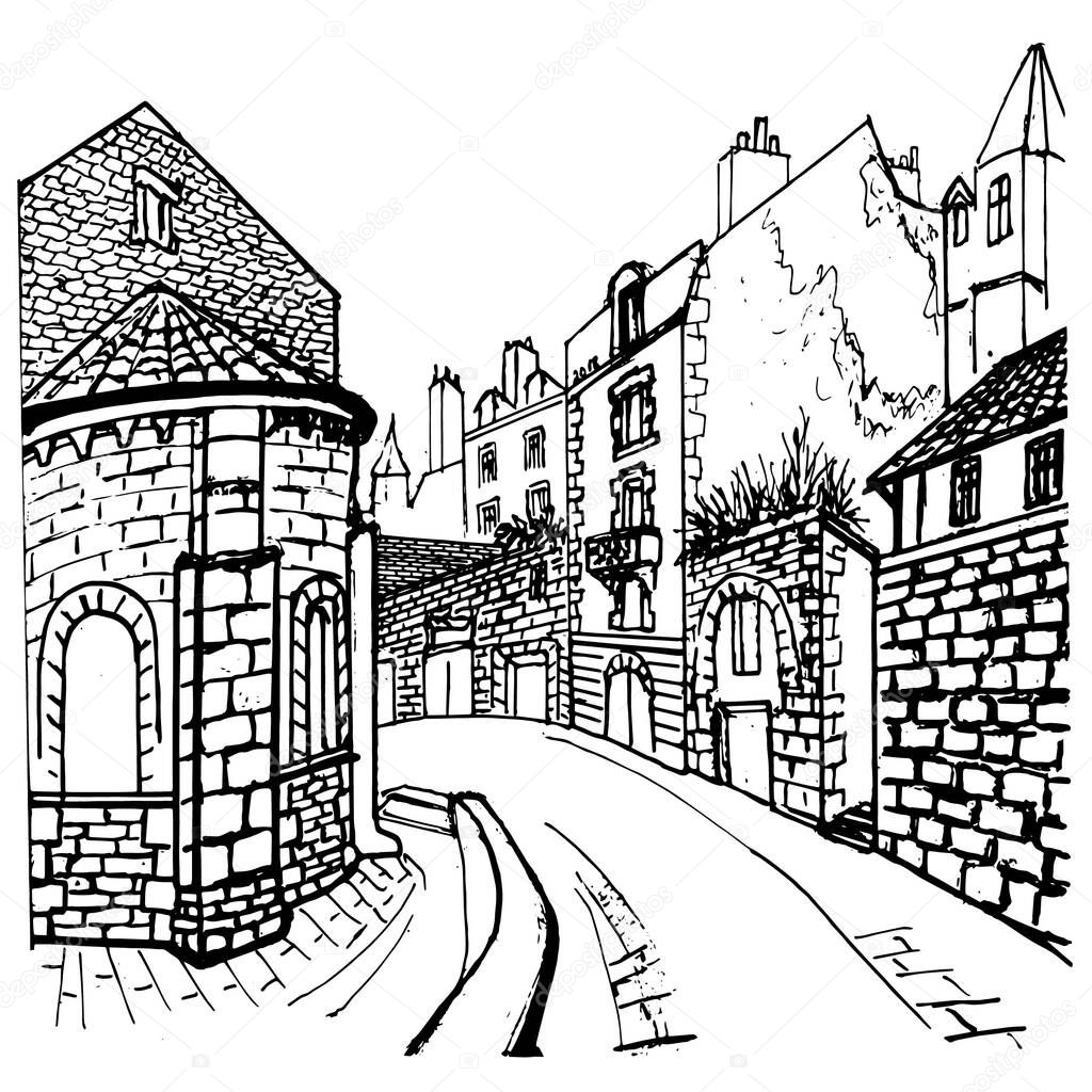 French architecture.Small cozy street of the old French city of Blois. Vector drawing in the style of the sketch. For illustration in a history and art textbook, coloring book for children and adults.