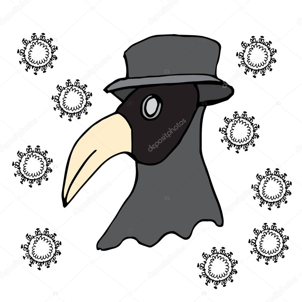 Coronavirus in Italy. Vector. Concept. The plague doctor. Bacteria is a coronavirus. Doodle style. Isolated on a white background. Infection. coronavirus 2019-nov. COVID-19