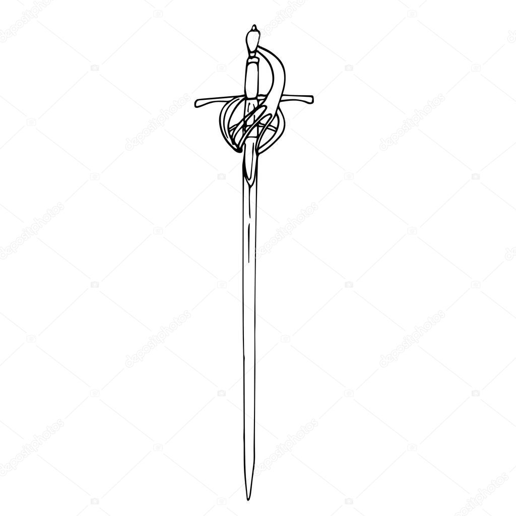 Single antique sword with a figured hilt. The outline drawing of the sword is isolated on a white background. Vector illustration in hand-drawn style. A design or coloring element.