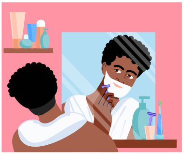 Tatlı Afro-Amerikalı bir adam banyo aynasının önünde tıraş oluyor. - Günaydın. Adam yüzünü tıraş ediyor. Tuvalet aynasının önünde tıraş olan bir adamın vektör çizimi. düz biçim.