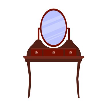 Çizgi film tarzında tek bir antika tuvalet masası. Yatak odası ve oturma odası için klasik mobilya taşıyıcısı. Vektör illüstrasyonu beyaz bir arkaplanda izole edilmiştir. 