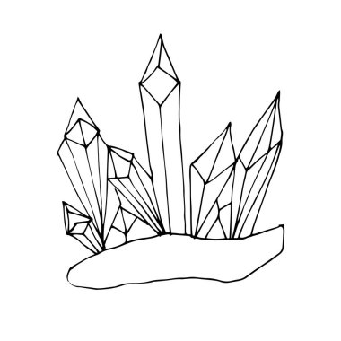 Beyaz arka planda izole edilmiş tek bir kristal iyileşiyor. Doodle tarzında elle çizilmiş vektör çizimi. Çocuklar ve yetişkinler için rahatlatıcı siyah ve beyaz mistik kristal. 