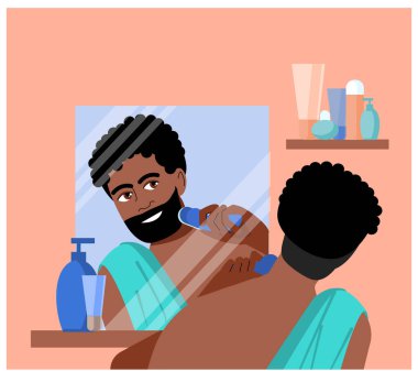 Tatlı Afro-Amerikalı bir adam banyo aynasının önünde tıraş oluyor. - Günaydın. Adam yüzünü tıraş ediyor. Tuvalet aynasının önünde tıraş olan bir adamın vektör çizimi. düz biçim.