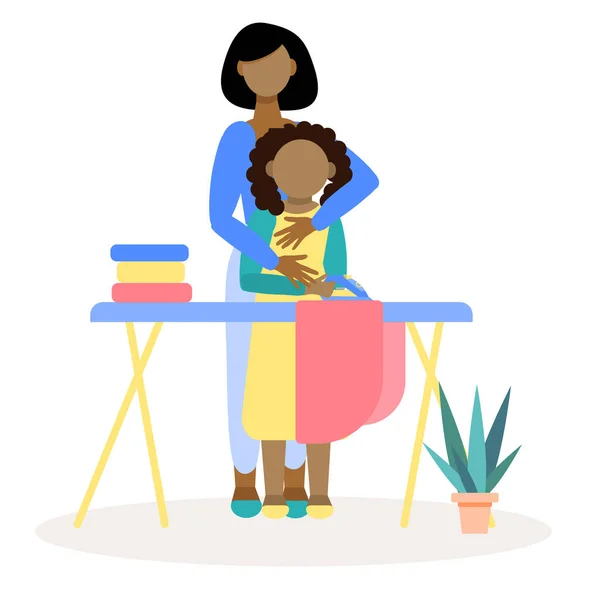 Afroameričanka Pomáhá Své Matce Železným Oblečením Pomoz Mamince Máma Učí — Stockový vektor