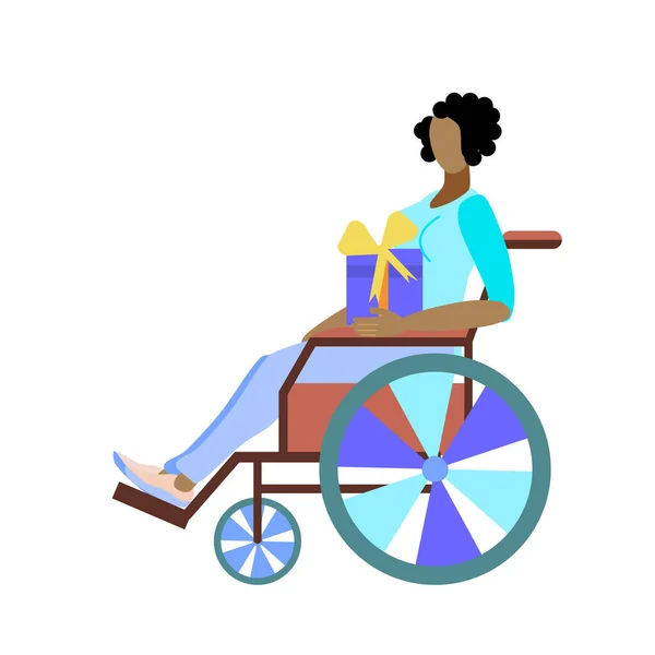 Афро Американская Девочка Инвалид Сидит Инвалидном Кресле Держит Руках Подарок — стоковый вектор
