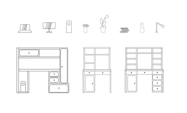 Conjunto Muebles Oficina Modernos Elegantes Estilo Lineal Simple Aísla Sobre — Archivo Imágenes Vectoriales