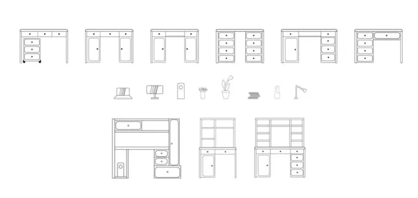 Conjunto Muebles Oficina Modernos Elegantes Estilo Lineal Simple Aísla Sobre — Vector de stock