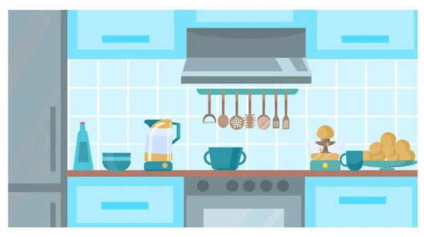 Bagian Dalam Dapur Yang Nyaman Dengan Warna Biru Dengan Peralatan - Stok Vektor
