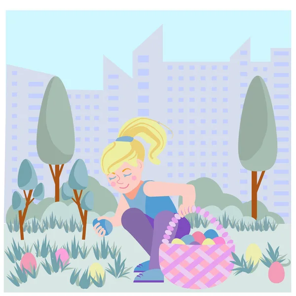 Roztomilá Malá Blondýnka Sbírá Velikonoční Vajíčka Košíku Kvetoucí Zahradě Dívka — Stockový vektor