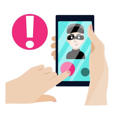 The hand holds the phone on which the fraudster calls. A phone thief tries to trick you into finding out your credit card passwords. Watch out  robber! Vector illustration in a flat style. clipart