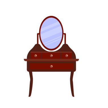 Çizgi film tarzında tek bir antika tuvalet masası. Yatak odası ve oturma odası için klasik mobilya taşıyıcısı. Vektör illüstrasyonu beyaz bir arkaplanda izole edilmiştir. 