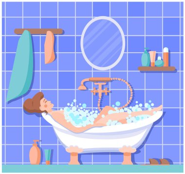 Mutlu bir genç kız sabun köpüğü içinde banyoda yatıyor. Dişi bir karakterle sıcak bir banyonun içi. Evde dinlendirici tatil kavramı. Çizgi film tarzında vektör illüstrasyonu.