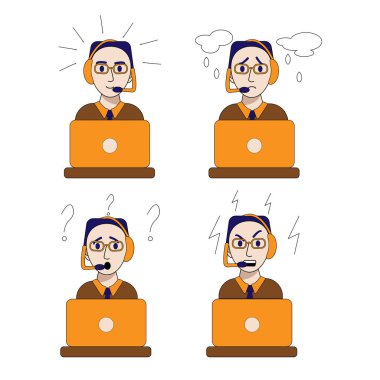 Blogger podcaster yayını. Genç bir çağrı merkezi operatörünün duyguları. Neşeli, üzgün, kızgın, sürpriz. Gözlüklü adam elinde mikrofonla dizüstü bilgisayarda oturuyor. Vektör düz çizgi film çizimi.