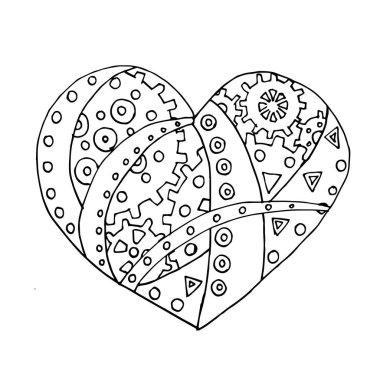 Sevgililer Günü. Steampunk tarzında mekanik kalp. Siyah ve beyaz vektör çizimi. Çocuklar ve yetişkinler için boyama kitabı