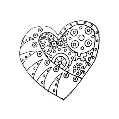 Sevgililer Günü. Steampunk tarzında mekanik kalp. Siyah ve beyaz vektör çizimi. Çocuklar ve yetişkinler için boyama kitabı