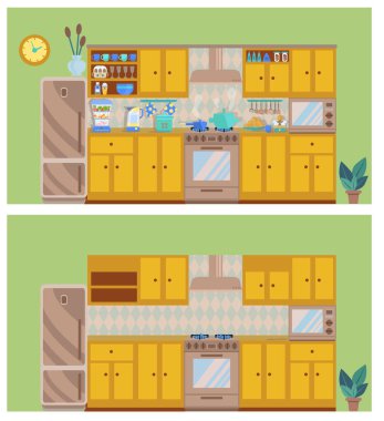 Mutfağın içinde fırın, gardırop ve buzdolabı olan modern, güneşli bir yer. Mutfak bulaşık dolu ve boş. Vektör grafik tasarım şablonu. Düz bir biçimin vektör illüstrasyonu.