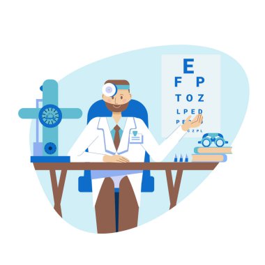 Genç bir göz doktoru, pratisyen bir optometrist bir hastanenin tıbbi ofisinde bir masada oturur. Düz bir şekilde vektör illüstrasyonu. Görüş danışmanlığı ve teşhisi.