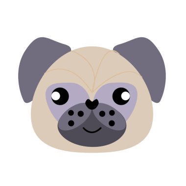 Düz bir şekilde çizilmiş küçük bir köpeğin vektör simgesi. Tatlı pug dog logosu. Çizgi film tarzında vektör illüstrasyonu. Oyuncak köpek.