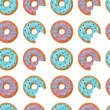 Ağız sulandıran pembe, mavi ve yarısı yenmiş çörekler ve beyaz arka planda krema. Düz biçimli vektör deseni.