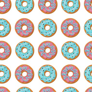 Ağız sulandıran pembe ve mavi donutlu, beyaz arka planda kremalı kusursuz desenler. Düz biçimli vektör deseni.