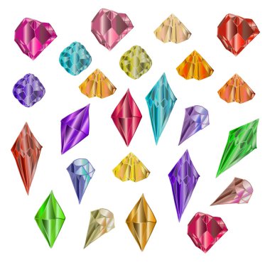 Safir renkli kristaller, lapis lazuli, zümrüt, yakut, ametist, topaz, kübik zirkon. Beyaz bir arka planda izole edilmiş mineral koleksiyonunun vektör çizimi. Alternatif tıp. 
