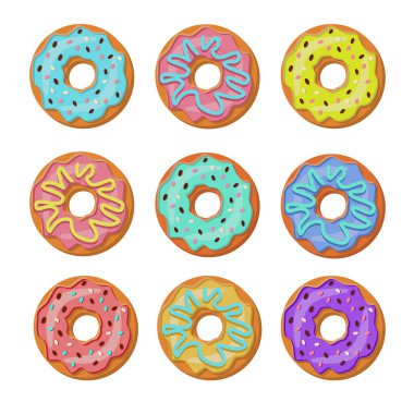 Beyaz arka planda izole edilmiş renkli ağız sulandıran çörekler. Düz biçimli vektör illüstrasyonu