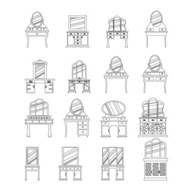 Eskiz tarzında yapılmış zarif antika makyaj masaları seti. Beyaz bir arka planda izole edilmiş. Vektör çizilmiş simgeler. Antika mobilya koleksiyonu.