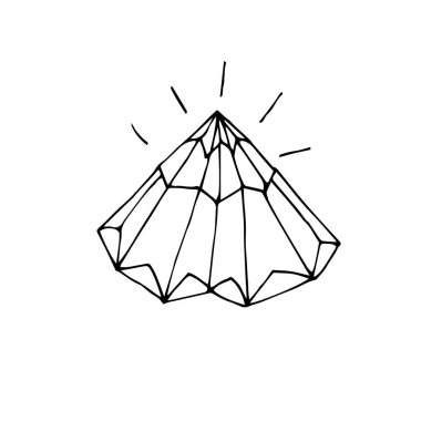  Beyaz arka planda izole edilmiş, ters dönmüş kalp şeklinde tek bir kristal. Doodle tarzında elle çizilmiş vektör çizimi. Rengi yumuşatmak için siyah ve beyaz mistik kristal