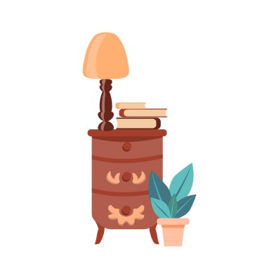 Beyaz arka planda izole edilmiş lamba ve kitaplarla dolu zarif bir antika komodin. Düz bir şekilde çekmecelerin arkası. Vektör el yapımı vintage mobilyalar.