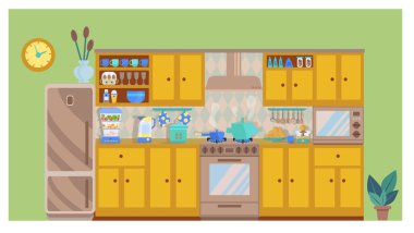 Modern konforlu modüler mutfak. Mutfağın içi soba, gardırop, bulaşıklar, buzdolabı ile güneşli. Vektör grafik tasarım şablonu. Düz bir stilin vektör çizimi. Sarı tonlarla süslenmiş..