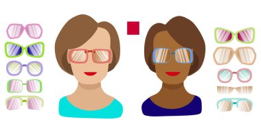 Dikdörtgen bir kadın yüzü için uygun gözlük. Afro-Amerikan ve beyaz bir kızın yüzü, beyaz bir arka planda izole edilmiş bir gözlük. Optik mağazaları için düz stil vektör illüstrasyonu..