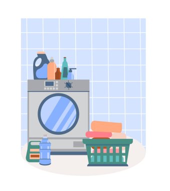 İçinde çamaşır makinesi, aksesuarlar, sepetinde temiz çarşaf ve deterjan olan rahat bir banyonun içi. Ev çamaşır konsepti. Banyoda sipariş verin. Düz bir şekilde vektör illüstrasyonu.