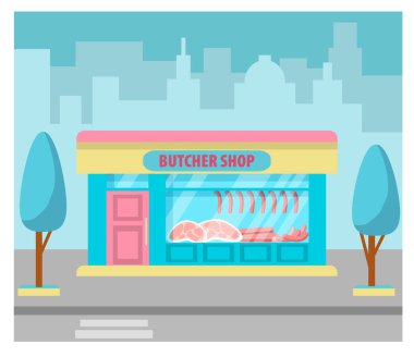 Bir kasap dükkanının vektör çizimi. Şehirdeki mağaza binasının dış cephesinin çizimi. Market cephesi. Düz biçimli vektör illüstrasyonu