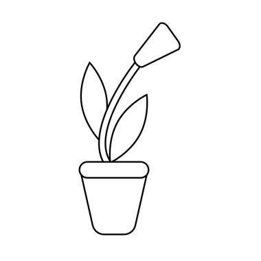 Bir saksıdaki çiçeğin vektör doğrusal çizimi. Beyaz arkaplanda izole edilmiş basit bir doğrusal ofis aksesuar simgesi.