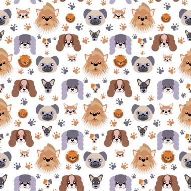 Şirin köpekleri ve ayak izleri olan kusursuz bir iz. Köpekli şirin desenler, Pomeranya tükürüğü. veteriner klinikleri, hayvan bakıcıları, hayvan bakım ürünleri tasarımı için düz stil illüstrasyon