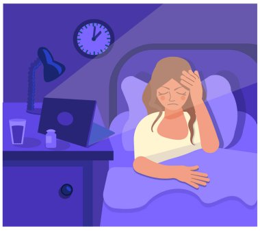 Uykusuzluk, yorgunluk, uykusuzluk ve düşünme sorunu olan bir kadın. Yatakta, gece odasının karanlığında dizüstü bilgisayarı açık bir kadın. Son teslim tarihi. Kız stresli. Çizgi film tarzında düz vektör illüstrasyonu.