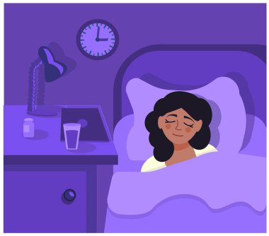 Koyu tenli kız yatak odasında huzur içinde uyuyor. Genç Afro-Amerikalı kız karanlıkta tatlı tatlı bir şekilde bir yatakta kestiriyor. Yatak odasında rahatlama kavramı. Vektör çizimi. çizgi film biçimi.