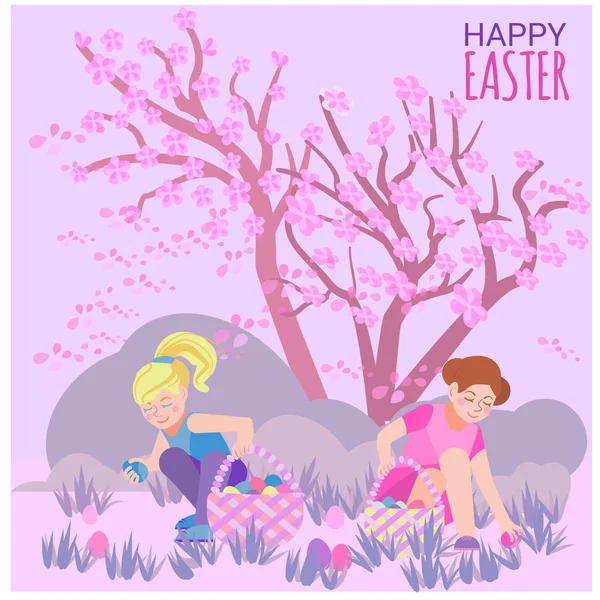 Paskalya Kartı Şirin Küçük Kızlar Kiraz Bahçesinde Sepetlerde Paskalya Yumurtası — Stok Vektör