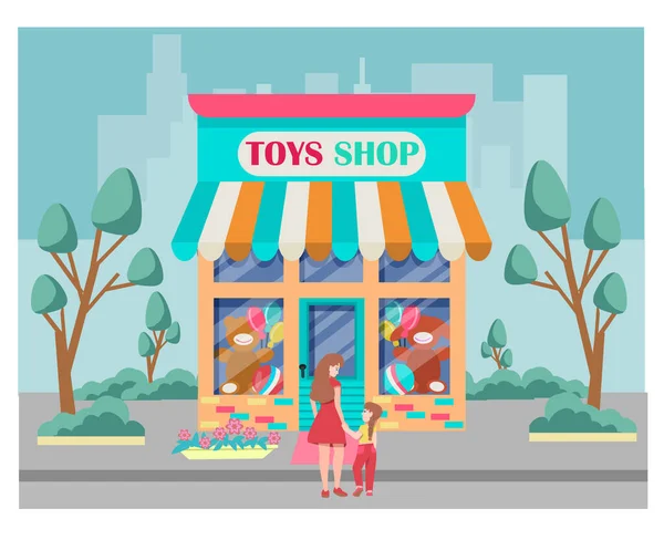 Mãe Filha Vão Loja Brinquedos Ilustração Fachada Exterior Edifício Loja —  Vetores de Stock