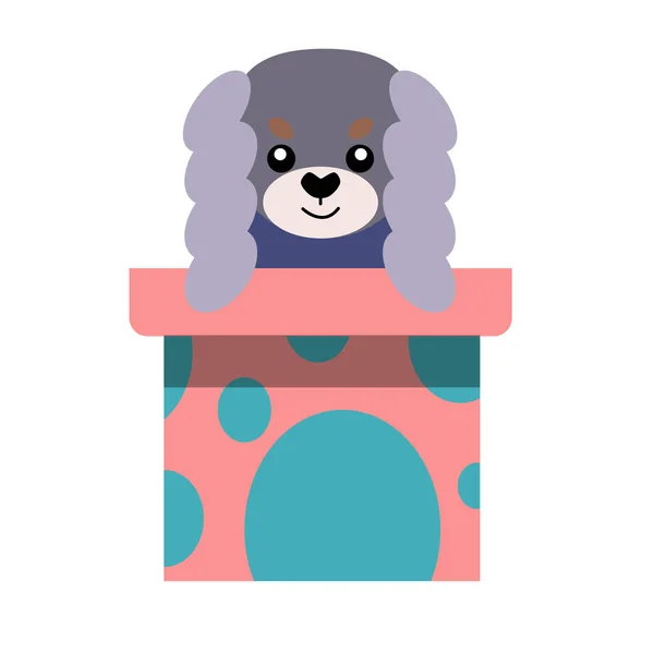 Щенок Подарок Векторный Иконный Портрет Маленькой Собаки Выглядывающей Коробки Нарисованный — стоковый вектор