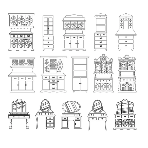 귀여운 빈티지 드레싱 테이블 찬장의 화장품 보석을 보관하기에 스케치를 반사기 — 스톡 벡터