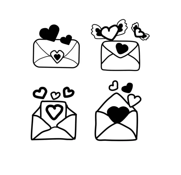Conjunto Bonito Doodle Ícones Envelope Corações Ilustração Vetorial Desenhada Mão — Vetor de Stock