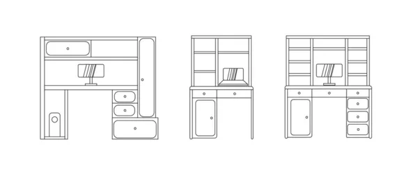 Conjunto Mobiliário Escritório Moderno Elegante Estilo Linear Simples Isolado Fundo — Vetor de Stock