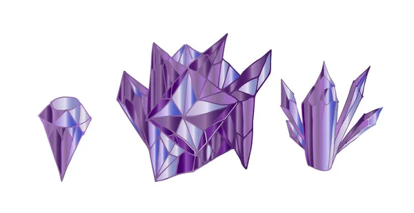 一套紫色紫水晶 在白色背景下分离的一组矿物的矢量图解 替代药物 石材处理 — 图库矢量图片